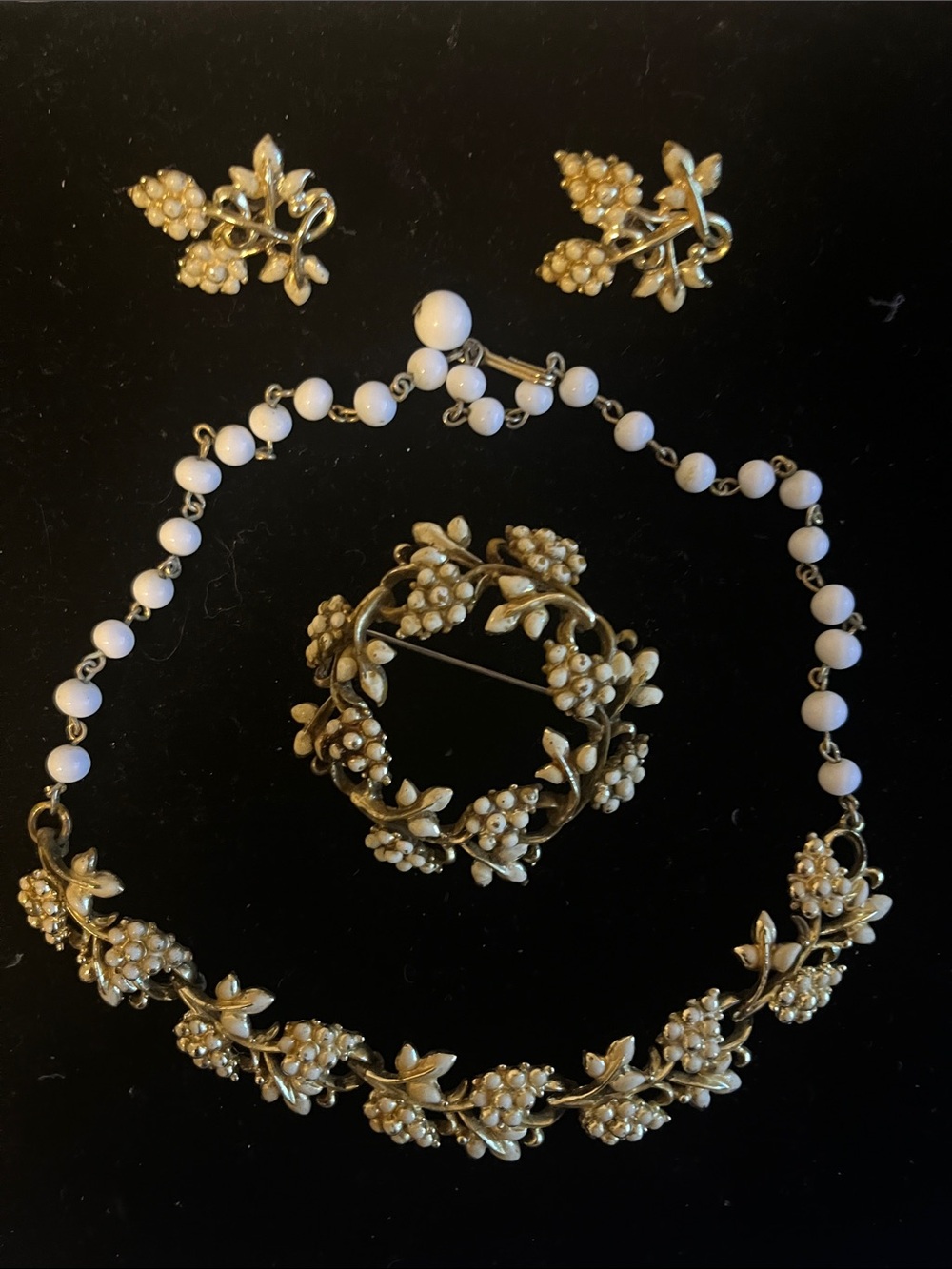 Coro Gold-Tone Floral Necklace Set with White Beads